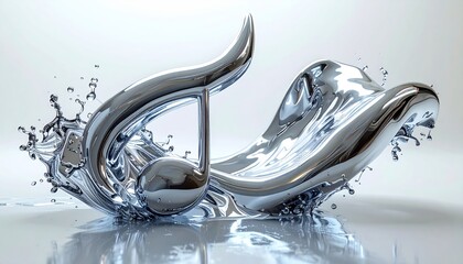 Musical Note Sculpture Emerging from Liquid Metal Splash Art.