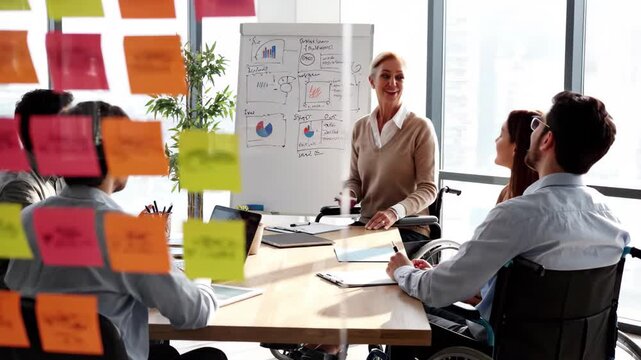 Business team meeting with diverse members collaborating on strategy using sticky notes and whiteboard