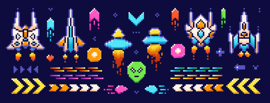 Color images of pixel art UFO, raiders, spaceships, and other game elements on blue background.
