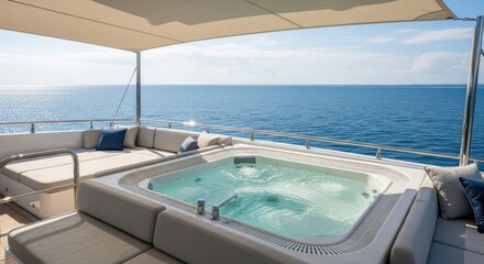 Fototapeta premium Luxurious Yacht Jacuzzi Overlooking the Vast Ocean Under a Clear Blue Sky