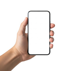 A hand holding a smartphone with a blank screen against a white background isolated on transparent background