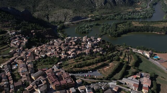 Aerial drone footage of Coll de Nargo town in Catalonia, Spain. High quality 4k footage