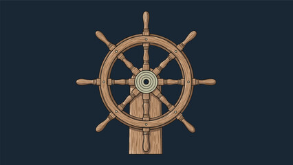 Fototapeta premium Detailed wooden ship's steering wheel with multiple handles and a central metal hub on a dark blue background.