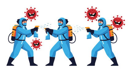 Fototapeta premium Three people in blue hazmat suits and masks spraying disinfectant to kill red viruses in a flat design illustration.