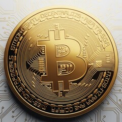 Close up of a gold bitcoin coin representing digital technology and investment