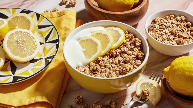 Healthy lemon yogurt granola breakfast bowl with fresh lemons and yellow napkin
