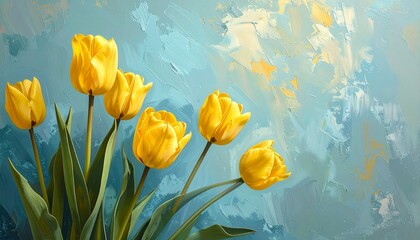 黄色のチューリップとシンプルな水色の背景　AI生成素材