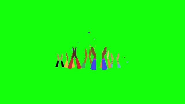 Looping 2D animation of a diverse crowd of cartoon hands clapping rhythmically &mdash; multiple skin tones, colorful sleeves, and synchronized up‑down motion, centered on bright green chroma key background.