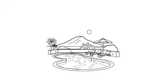 Obraz premium A sketch of a resort with a pool, lounge chairs, umbrella, palm trees, and mountains