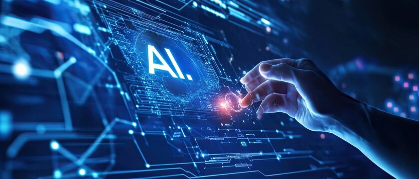 In the foreground are the AI icons in scientific research. Researchers are using artificial intelligence