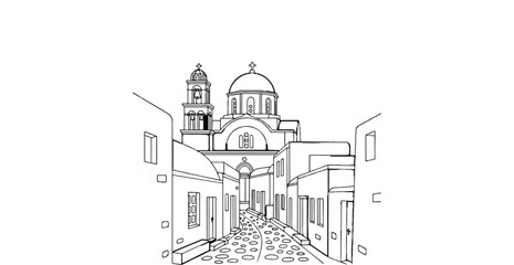 Obraz premium A sketch of a Mediterranean village street leading to a domed church