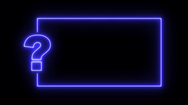 Question mark neon sign light on black background. Quiz trivia game competition. Blue neon question mark frame for quizzes and FAQs. Game announcement neon message. Answer question, exam test 4k.