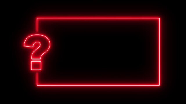 Question mark neon sign light on black background. Quiz trivia game competition. Red neon question mark frame for quizzes and FAQs. Game announcement neon message. Answer question, exam test 4k.