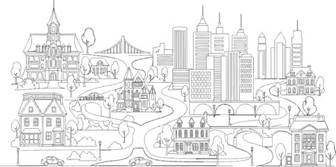 Obraz premium A charming line art depiction of a cityscape with winding roads and various architectural styles