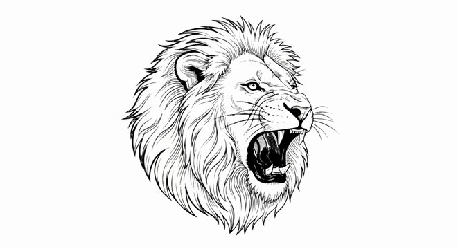 A black and white illustration of a roaring lion's head with detailed mane and sharp teeth