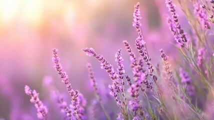 Obraz premium Lavender Flowers Blooming in a Serene Field with Soft Purple and Pink Tones at Sunset