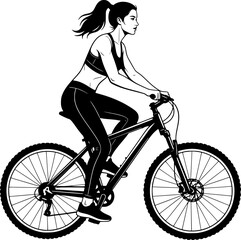Young woman riding a mountain bike. Side view black and white vector illustration of a female cyclist in fitness gear exercising outdoors.