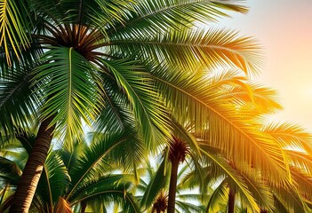Obraz premium Lush tropical palm trees swaying gently in a sunny breeze, vacation, illustration