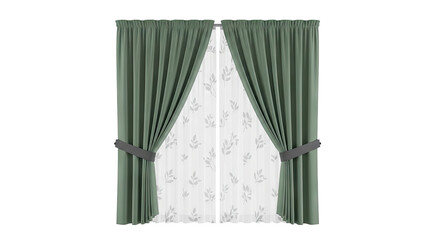 Green Pleated Curtains with Leaf Pattern Sheers and Tie-backs
