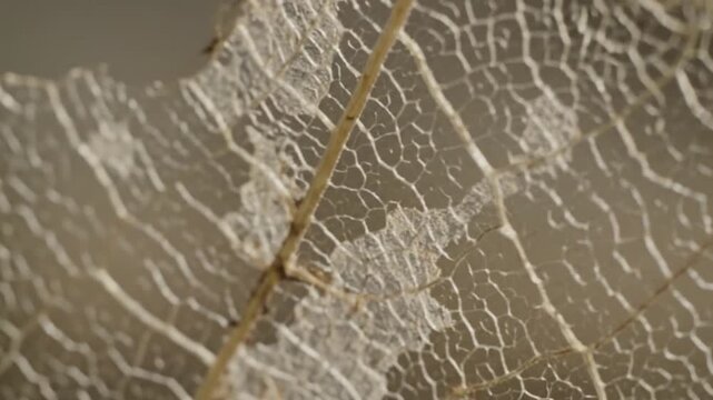 Close-up of a delicate, intricate skeletonized leaf, showing its vein structure