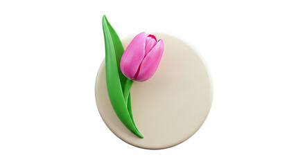 Pink Tulip with Green Leaf on a Cream Circle
