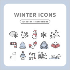 手描き風アウトラインの冬アイコン15点セット｜雪景色と防寒・クリスマス