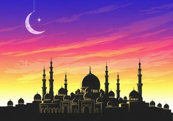 Vibrant sunset sky silhouette of a mosque with crescent moon