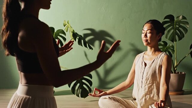 Woman meditating in lotus pose with a yoga instructor guiding her, surrounded by green plants against a sage green wall, in a wellness studio.