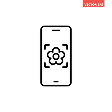 Black single flower identifier line icon. Simple scanning plant by phone flat design vector pictogram, infographic interface elements for app logo web button ui ux isolated on white background