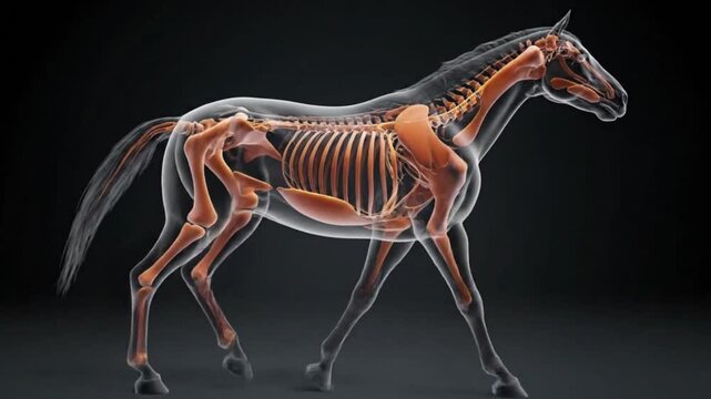Detailed anatomical illustration of a horse with visible skeleton and muscles against a dark background.
