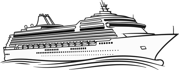 A detailed line drawing depicts a large passenger liner sailing on stylized waves