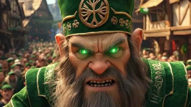 Elderly man in green medieval costume leads festival parade through village. Saint Patrick's Day, St Paddy's Day, St Patty's Day - Irish National Holiday and Cultural Celebration