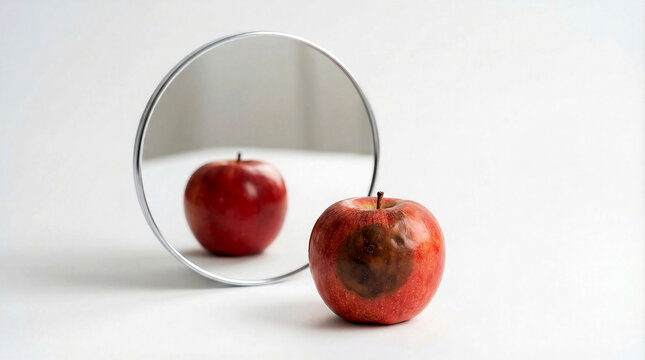 Rotten apple with bruise reflecting as fresh in mirror, self perception concept