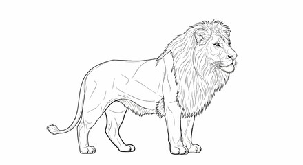 A detailed line drawing of a majestic lion standing in profile