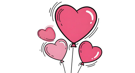 Festive heart-shaped balloons floating freely with dynamic movement in various shades of pink on white background