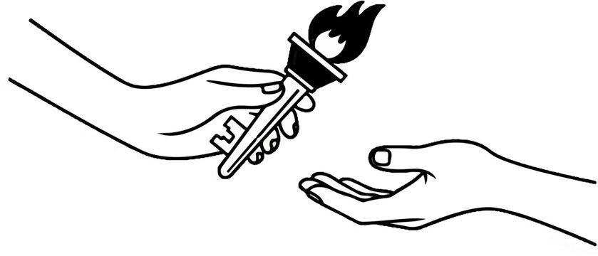 A hand passes a lit torch to another open hand