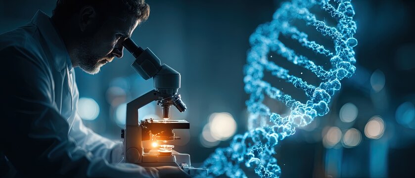 Scientist working with microscope in laboratory, DNA illustration, double exposure.