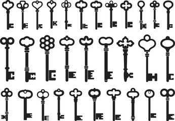 Vintage skeleton key collection silhouette, antique ornate key shapes set isolated on white background classic locksmith vector illustration