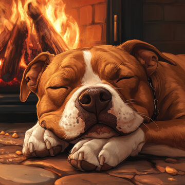 Cute cartoon pitbull dog asleep infront of the fire funny pet domestic detail illustration graphic