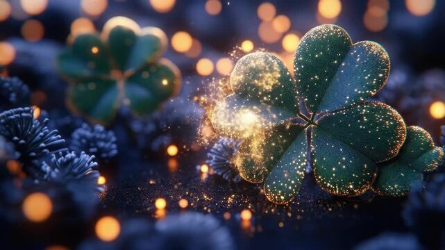 Illuminated four-leaf clover in enchanting night setting with glowing orbs. Saint Patrick's Day, St Paddy's Day, St Patty's Day - Irish National Holiday and Cultural Celebration