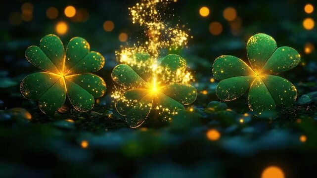 Glowing four-leaf clovers illuminated with magical light in a lush night setting. Saint Patrick's Day, St Paddy's Day, St Patty's Day - Irish National Holiday and Cultural Celebration