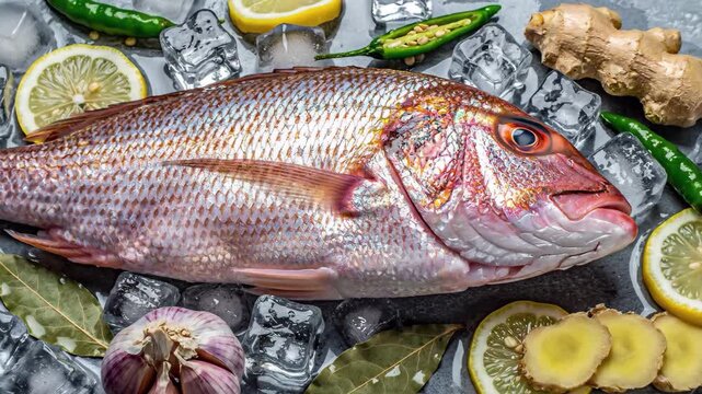 Fresh red snapper fish with ice, lemon, ginger, garlic, chili, and bay leaves on dark surface