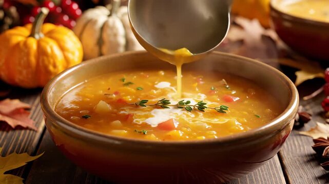 Serving autumnal vegetable soup into ceramic bowl with harvest decorations
