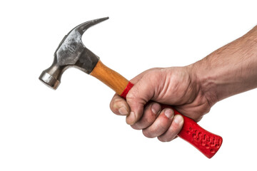 hand holding hammer isolated on white background.