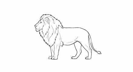 A regal lion with a full mane stands in profile on a white background