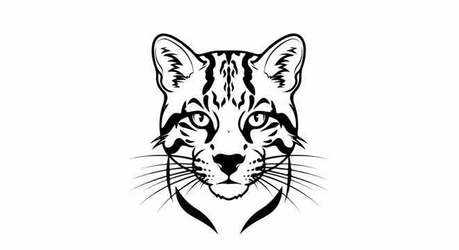 A stark black and white illustration of a wild cat's face, detailed with stripes