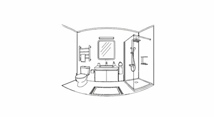 A clean, modern line drawing of a bathroom with a toilet, sink, and shower