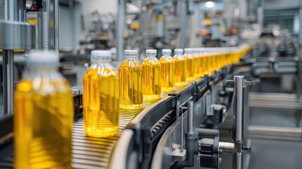 Naklejka premium Production line with transparent bottles filled with yellow liquid moving on conveyor belt in modern factory environment for food or chemical processing
