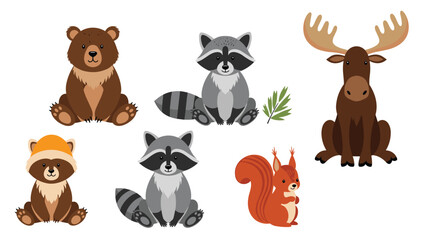 Fototapeta premium Set of forest animals including a bear, raccoons, a moose, and a squirrel sitting in a row on a white background.