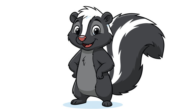 Friendly cartoon skunk standing with its hands on its hips and a happy smiling face isolated on white background.